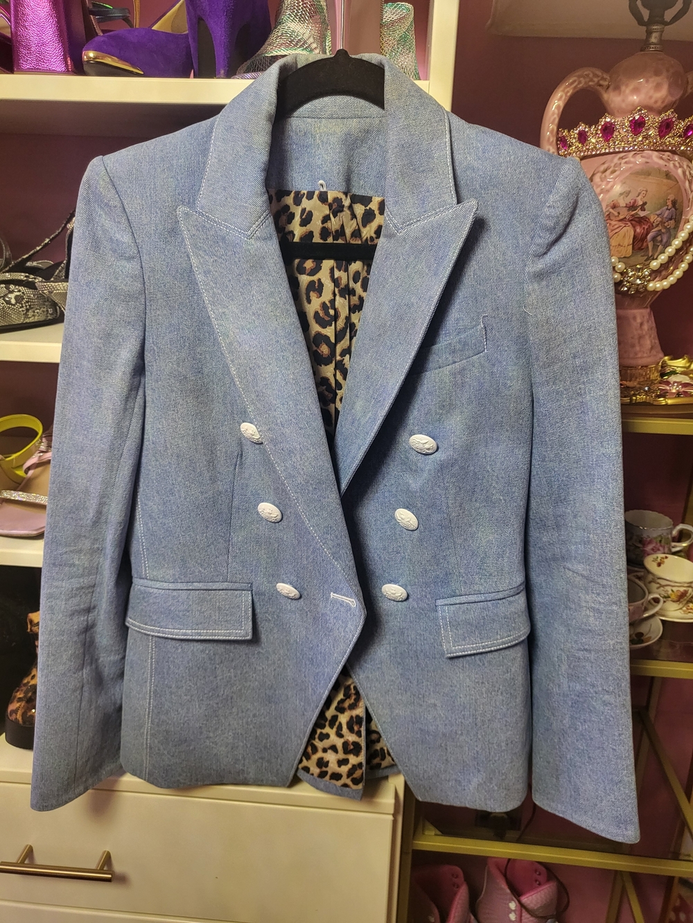 Double-Breasted Light Blue Denim Women's Blazer Jacket